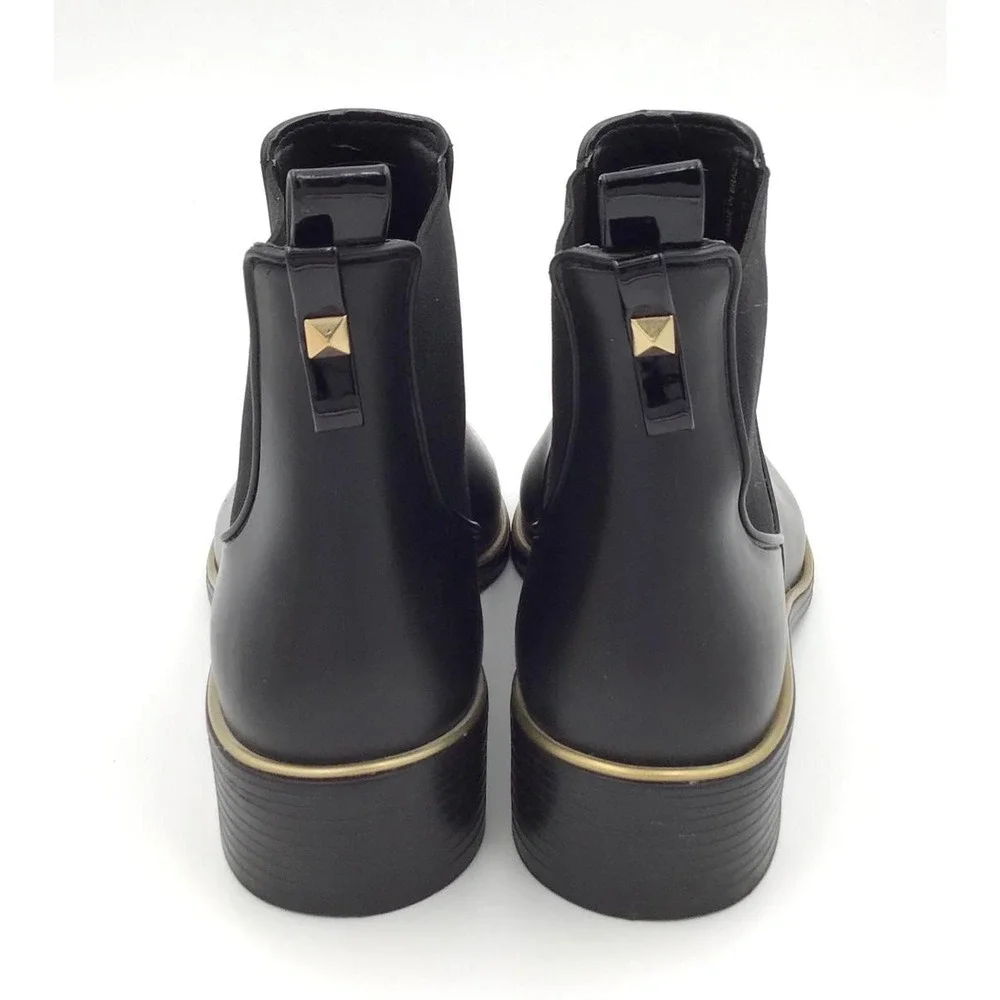 Kate Spade New York Black Rubber Chelsea Rain Boots Gold Trim Sz 10 Capsule Wear